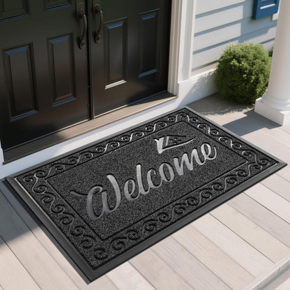 Yimobra Welcome Mat, Heavy Duty Sturdy Door Mats for Home Entrance Outdoor Indoor, Front Doormat for Outside Patio Floor Entry Porch Garage Office, Waterproof, Low Profile, 29.5x17, Black Grey