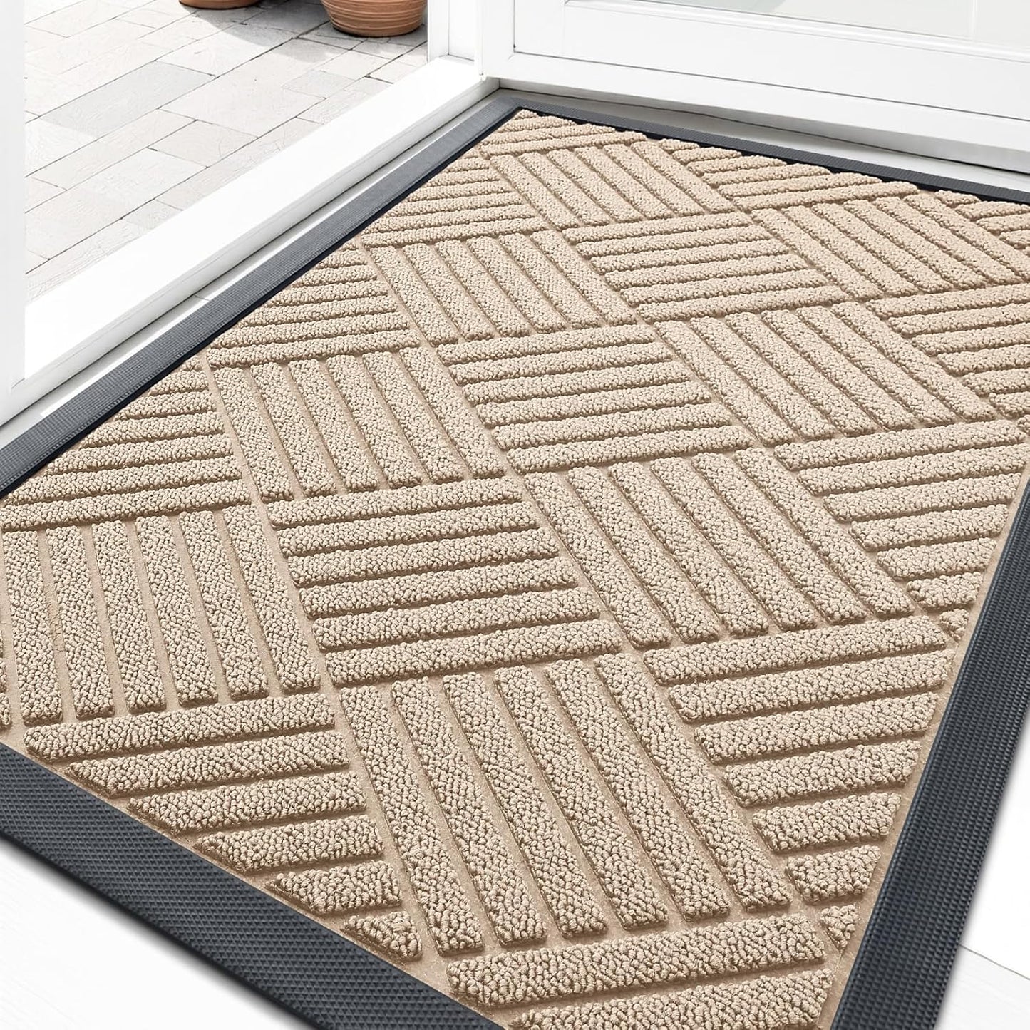 OLANLY Front Door Mat Outside Entrance 29.5x17, Absorbent, Heavy Duty Sturdy Natural Rubber Doormat Indoor Outdoor, Stain and Fade Resistant, Non-Slip Low Profile Floor Mat for Entryway, Grey Diamond