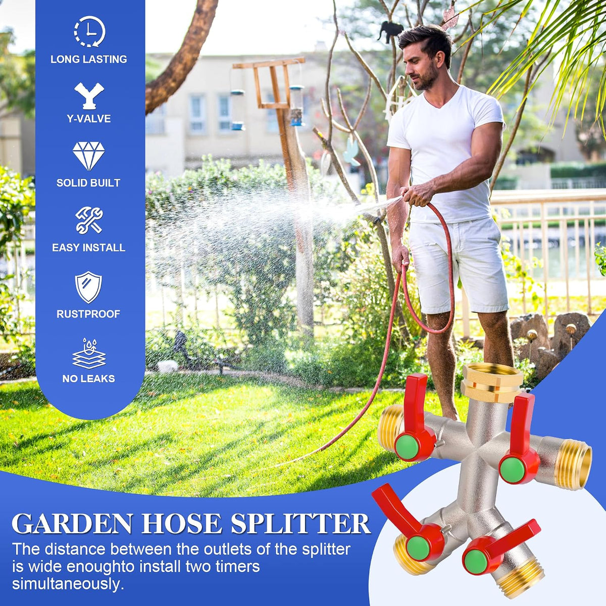 EJW Hose Splitter 2 Way, Garden Hose Splitters, Heavy Duty Faucet Splitter,Rv Brass Water Hose Y Splitter, Double Hose Connector, Spigot Splitter, Two Way Hose Manifold Valve 3/4 Inch GHT Thread.