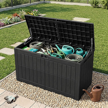 Tangkula 25 Gallon Waterproof Outdoor Storage Box with Lockable Lid | PP Resin, Wicker Patterned, Indoor Outdoor Use, Portable, Versatility, for Deck, Pool, Patio Cushions, Garden Tools