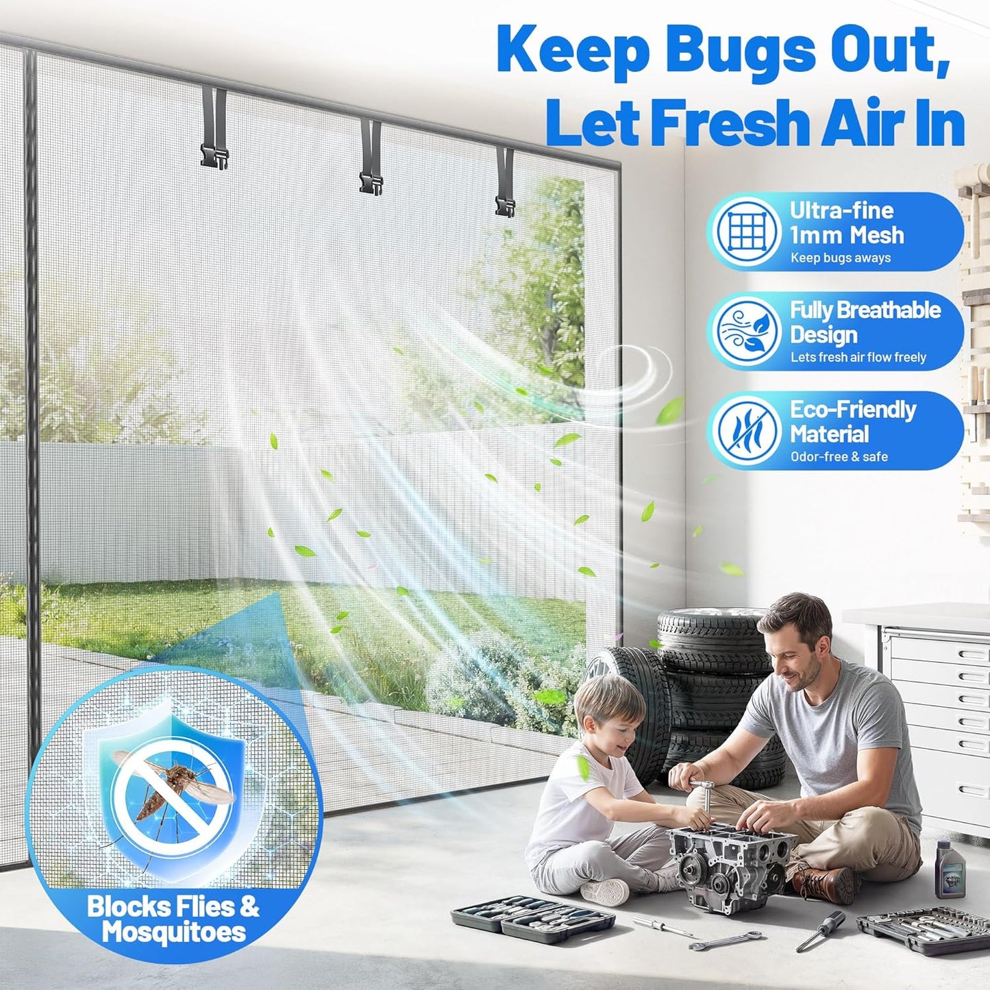 Heavy Duty Magnetic Screen Door Mesh - Auto-Sealing Hand-Free Door Net Screen with 50 Magnets, Pet & Kid Friendly, PET Fine Mesh Doors Screens Keep Bugs & Mosquitos Out Fits Front Doors Size 36” x 82”