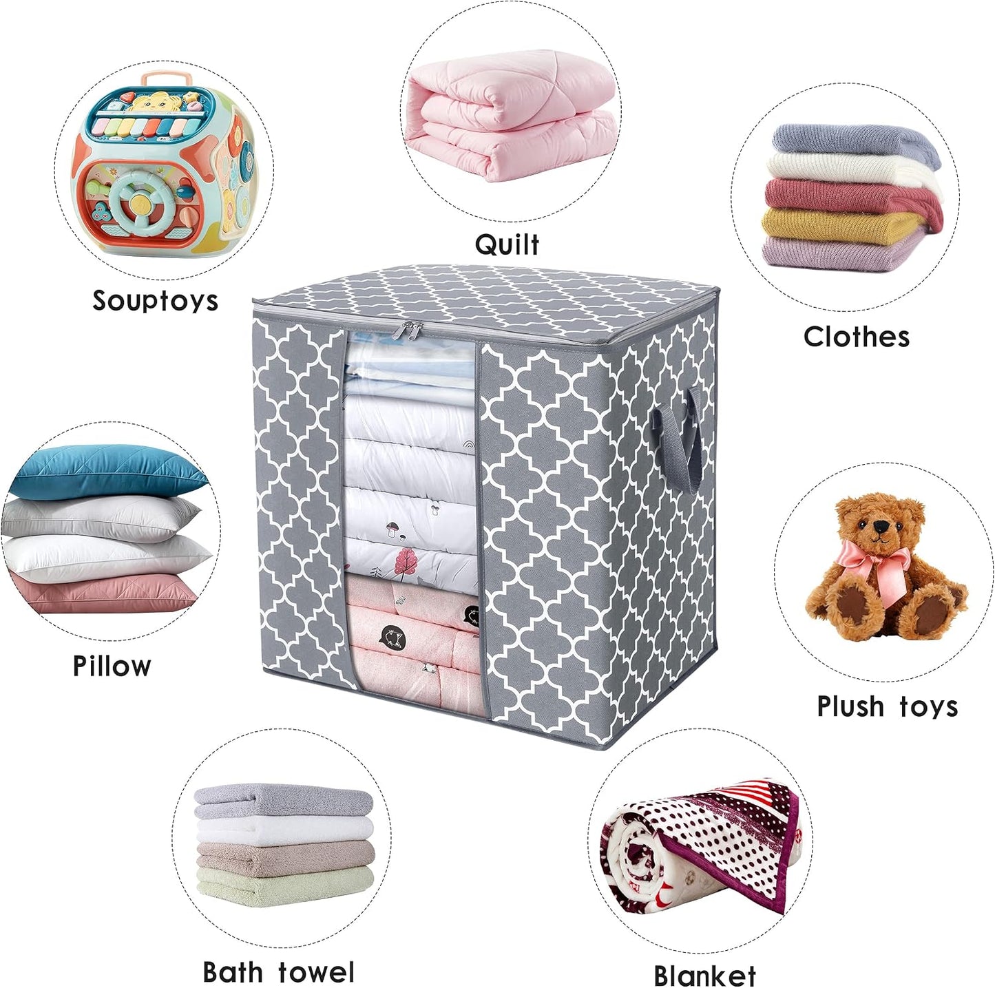 WISELIFE Storage Bags 3 Pack/100L Large Blanket Clothes Organization and Storage Containers for Comforters,Bedding, Foldable Organizer with Reinforced Handle, Clear Window, Sturdy Zippers,Gray