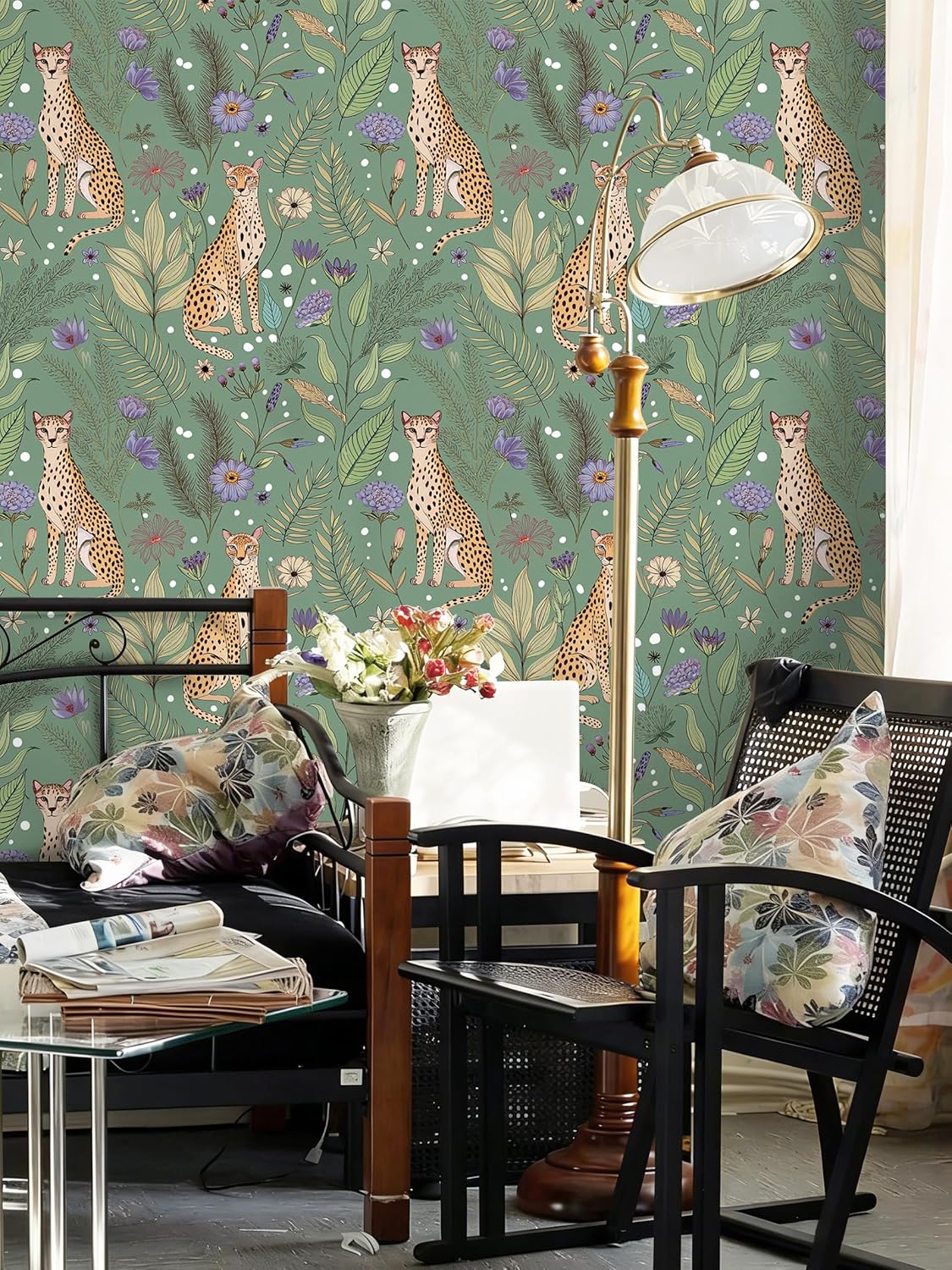 Floralplus Peel and Stick Wallpaper Leopard Jungle Removable Wallpaper for Bathroom Renter Friendly Wallpapers Self Adhesive Animal Floral Contact Paper for Accent Wall 17.5 x 118 in