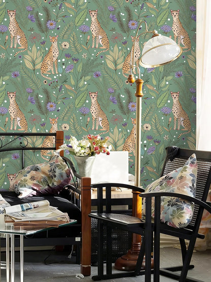 Floralplus Peel and Stick Wallpaper Leopard Jungle Removable Wallpaper for Bathroom Renter Friendly Wallpapers Self Adhesive Animal Floral Contact Paper for Accent Wall 17.5 x 118 in