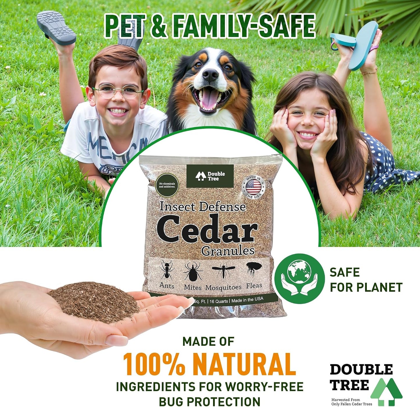 Double Tree Home and Garden Cedar Granules | Repels Fleas, Ticks, Ants, and Mosquitos | Rich Cedar Scent | Non Toxic | Pet Safe | 1 Bag (16 Quarts)