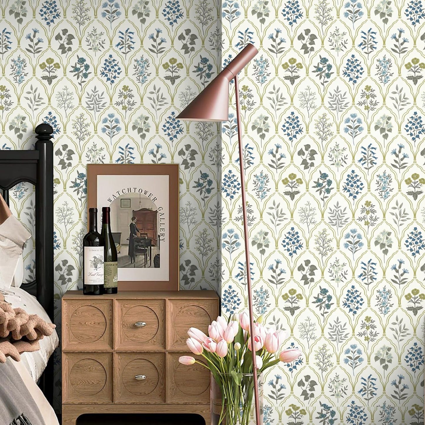 Dimoon 17.3''x78.7'' Vintage Peel and Stick Wallpaper Boho Beige Neutral Contact Paper White Floral Bird Wallpaper Removable Botanical Renter Friendly Modern Wall Paper Bedroom Bathroom Vinyl Roll