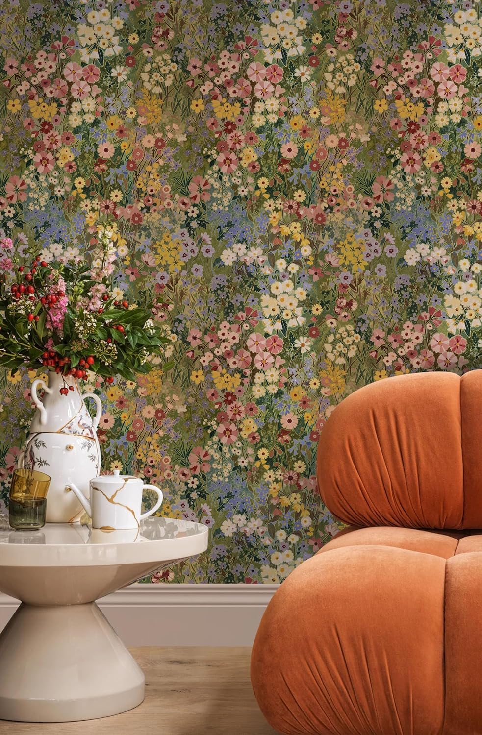 Floral Wallpaper Peel and Stick Boho Wall Paper Removable Waterproof Green Petal Pattern Contact Paper for Bedroom, Bathroom, Home Wall 17.3" x 118"