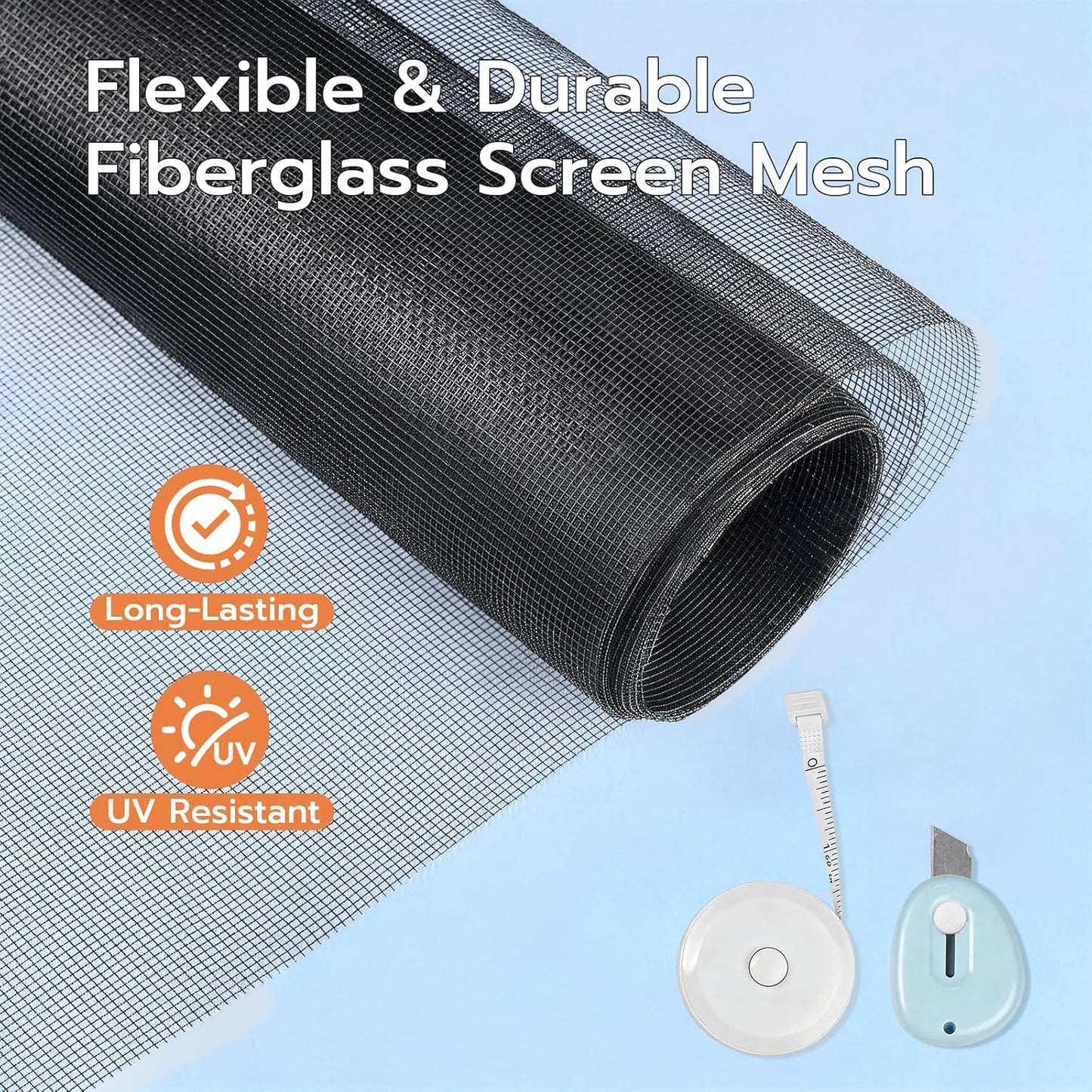 Window Screen Door Repair Kit, 48"x118" Fiberglass Window Screen Mesh, Washable Window Screen Door Replacement with Rolling Tool Spline Cutter Tape Measure for Windows Patio Sliding Screen Door