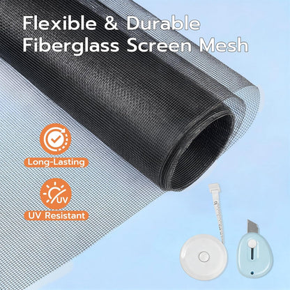 Window Screen Door Repair Kit, 48"x118" Fiberglass Window Screen Mesh, Washable Window Screen Door Replacement with Rolling Tool Spline Cutter Tape Measure for Windows Patio Sliding Screen Door