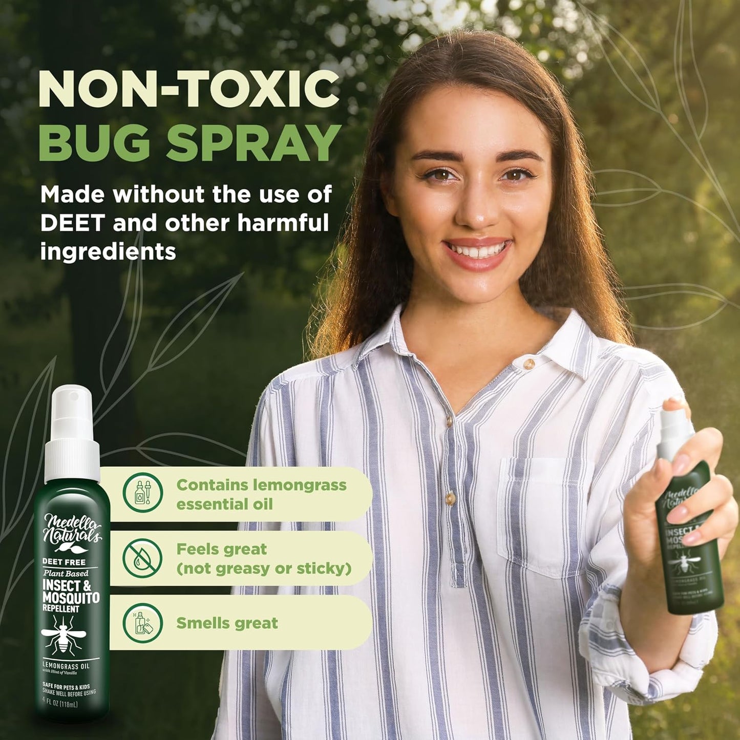 Deet-Free Insect & Mosquito Repellent – Nice Smelling, Pack of 2 (4 oz) | Insect Repellent with Lemongrass Oil Safe for Pets and Kids – Bug Spray Against Mosquitoes, Gnats, Black Flies, and No-See-um