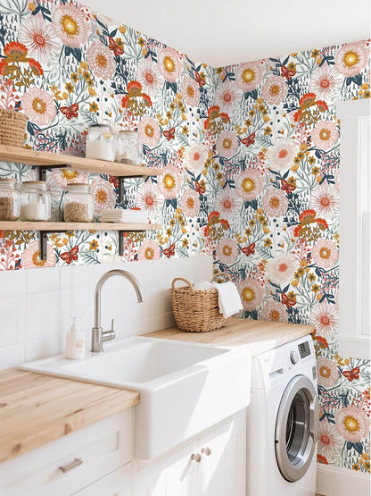 Dimoon 17.3''x78.7'' Peel and Stick Wallpaper Floral Cute Contact Paper Vintage Village Country Cottage Wallpaper Farmhouse Yellow Beige Renter Friendly Geometry Waterproof Embossed Kitchen Bedroom