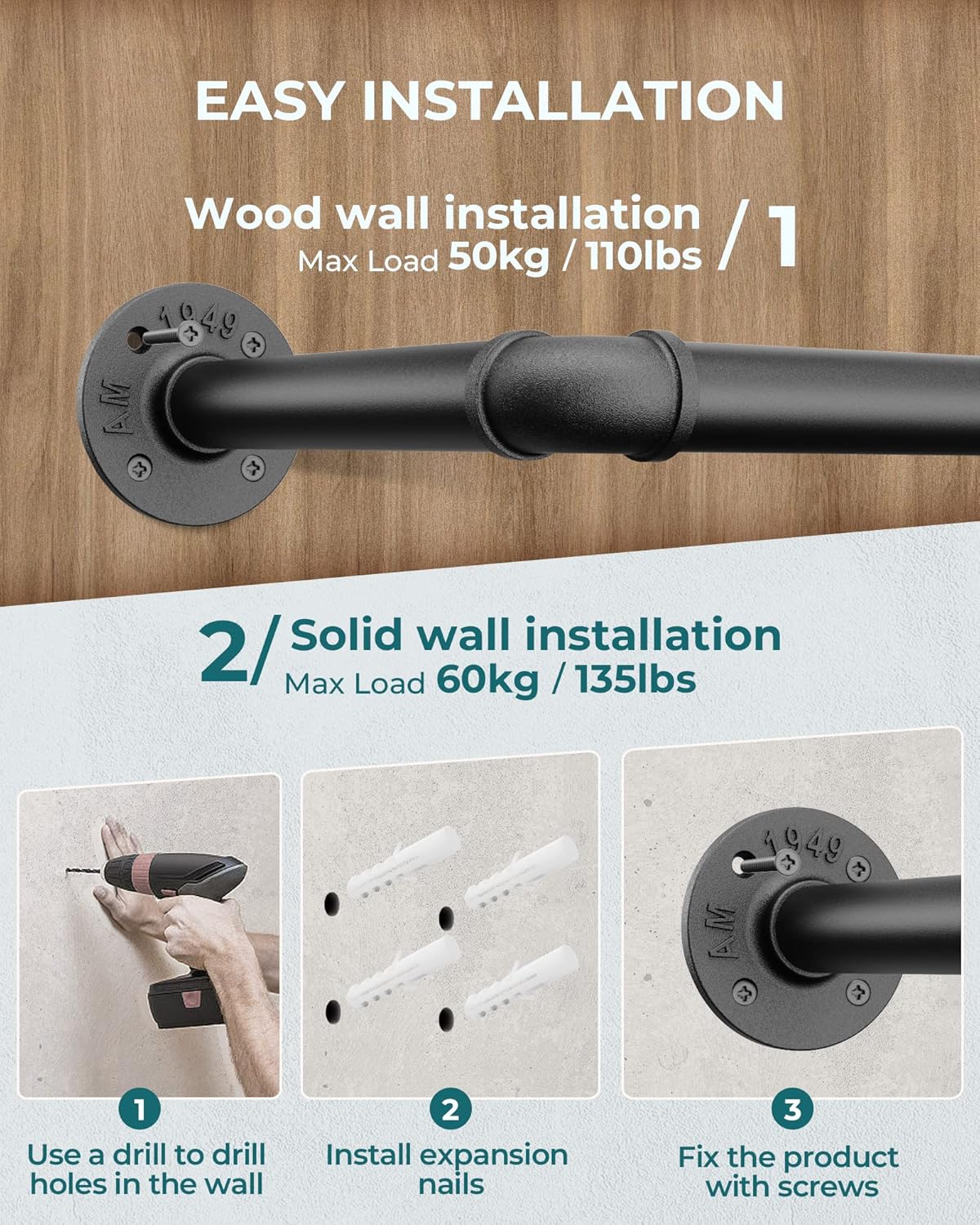 OROPY 38.4" Industrial Pipe Clothes Rack Wall Mounted, Heavy Duty, 2 Pack | Heavy Duty Iron Pipe Clothing Garment Rail, Multi-Purpose Clothing Hanging Rod for Laundry Room and Closet Storage, Black