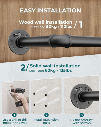 OROPY 38.4" Industrial Pipe Clothes Rack Wall Mounted, Heavy Duty, 2 Pack | Heavy Duty Iron Pipe Clothing Garment Rail, Multi-Purpose Clothing Hanging Rod for Laundry Room and Closet Storage, Black