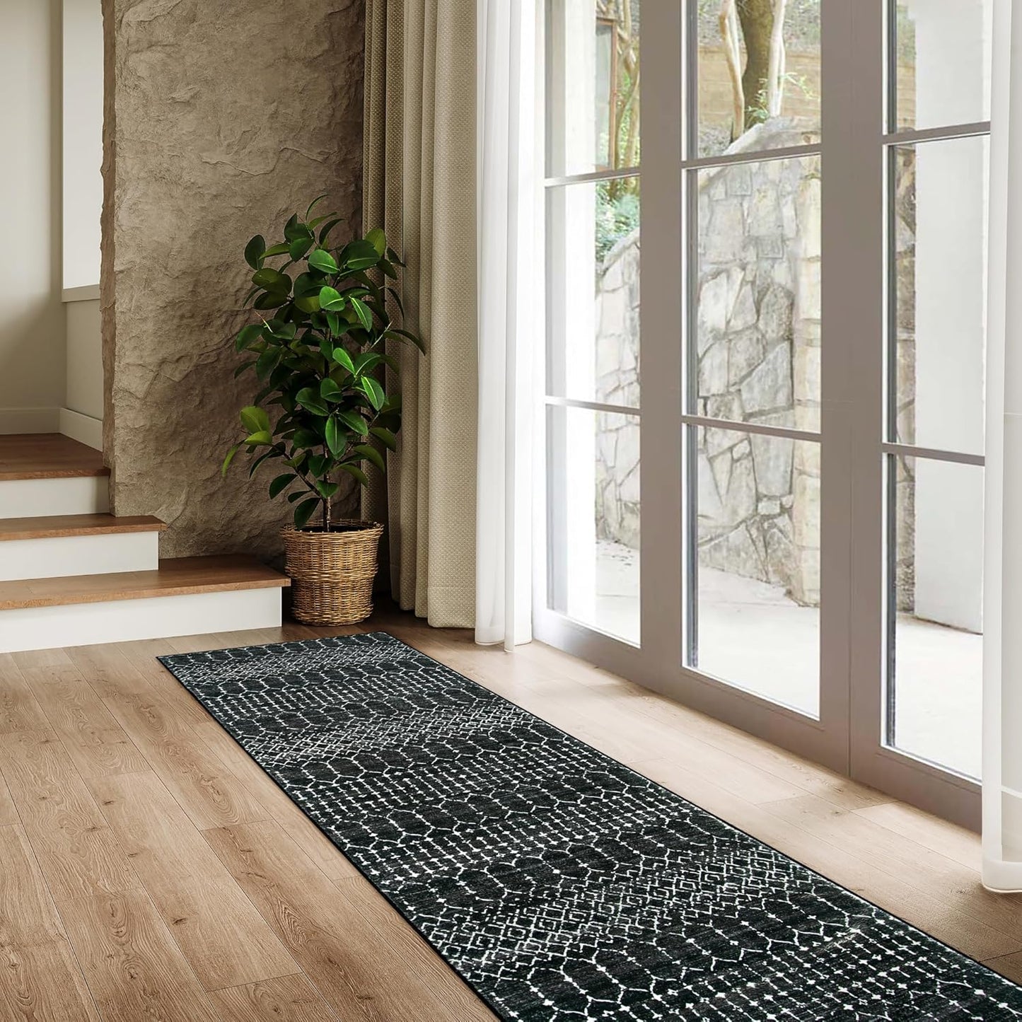Lahome Moroccan Entry Rug 2x3, Non-Slip Washable Front Indoor Door Mat Rubber Backing Low-Profile Door Rugs, Small Geometric Print Distressed for Entryway Bathroom Kitchen, Black Hana