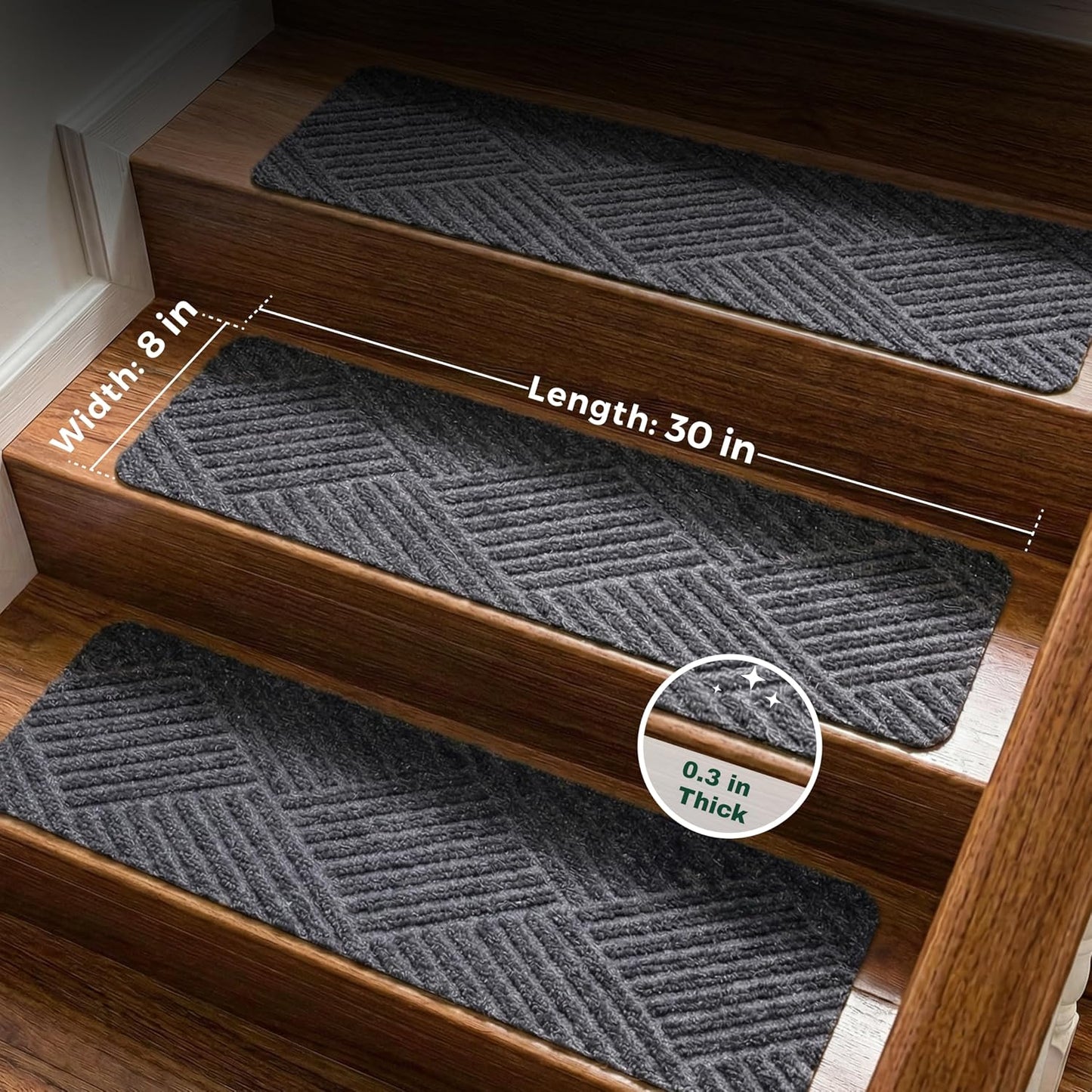 MBIGM 8" X 30" (15 in Pack) Non-Slip Carpet Stair Treads Non-Skid Safety Rug Slip Resistant Indoor Runner for Kids Elders & Pets with Reusable Adhesive - Dark Gray Diamond Weave