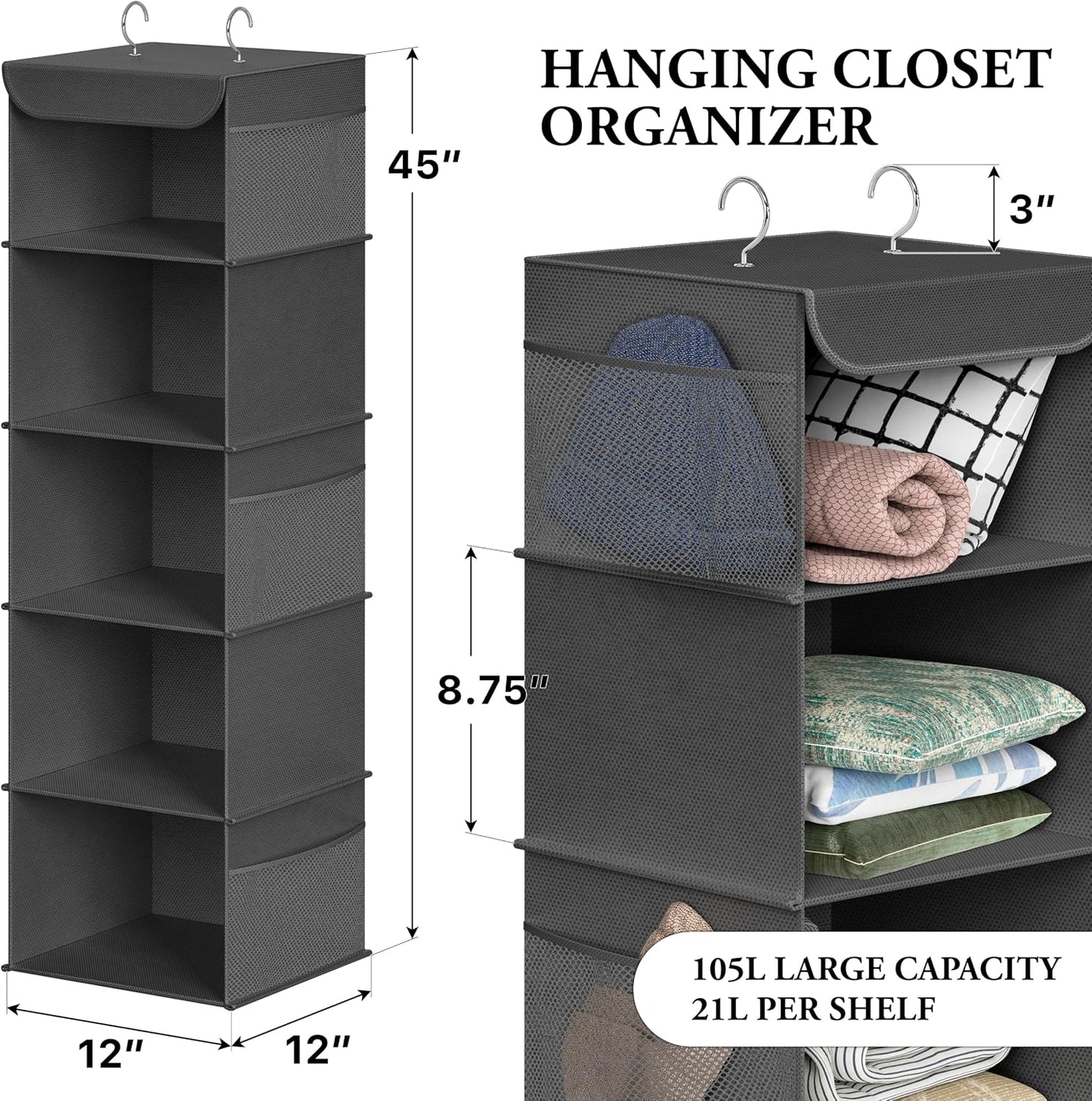 Simple Houseware 6 Shelf Hanging Closet Organizer, Gray