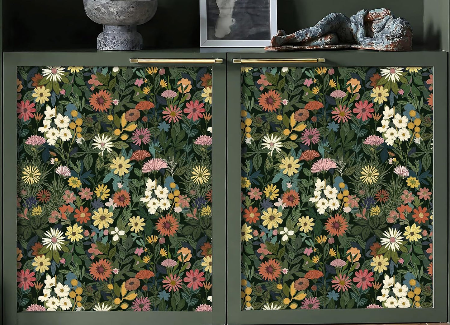 Wallpaper Peel and Stick Boho Wall Paper Removable Waterproof Green Floral Contact Paper for Bedroom, Bathroom,Bathroom, Home Wall 17.3" x 118"