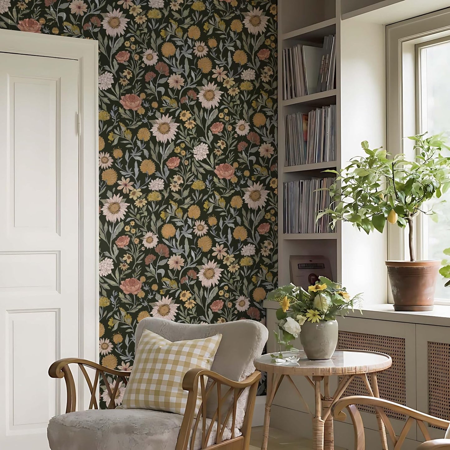 Dimoon 17.3''x78.7'' Peel and Stick Wallpaper Floral Cute Contact Paper Vintage Village Country Cottage Wallpaper Farmhouse Yellow Beige Renter Friendly Geometry Waterproof Embossed Kitchen Bedroom