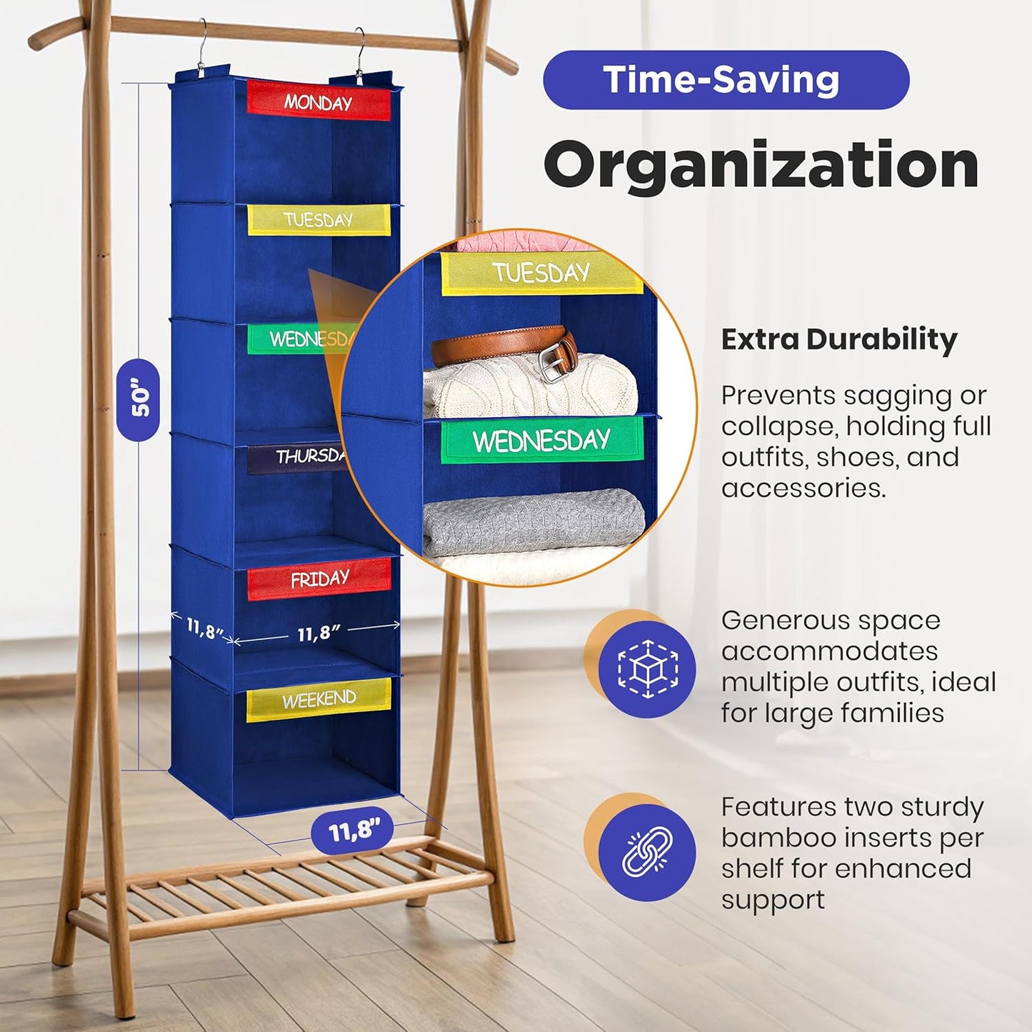 Handy Laundry Weekly Clothes Organizer for Kids, 6-Shelf Bamboo Reinforced | Days of the Week Hanging Closet Shelves, Monday Through Friday and Weekend, School Outfit Storage, Side Pockets, Pink