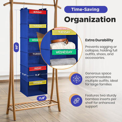 Handy Laundry Weekly Clothes Organizer for Kids, 6-Shelf Bamboo Reinforced | Days of the Week Hanging Closet Shelves, Monday Through Friday and Weekend, School Outfit Storage, Side Pockets, Pink