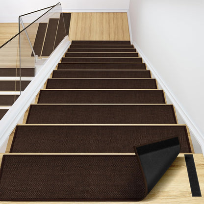 Peel and Stick Carpet Stair Treads for Wooden Steps Set of 15, Non Slip Adhesive Jute Stair Mats Indoor, Rubber Backing Safety Step Pads Mats, Grey, 8"x30"