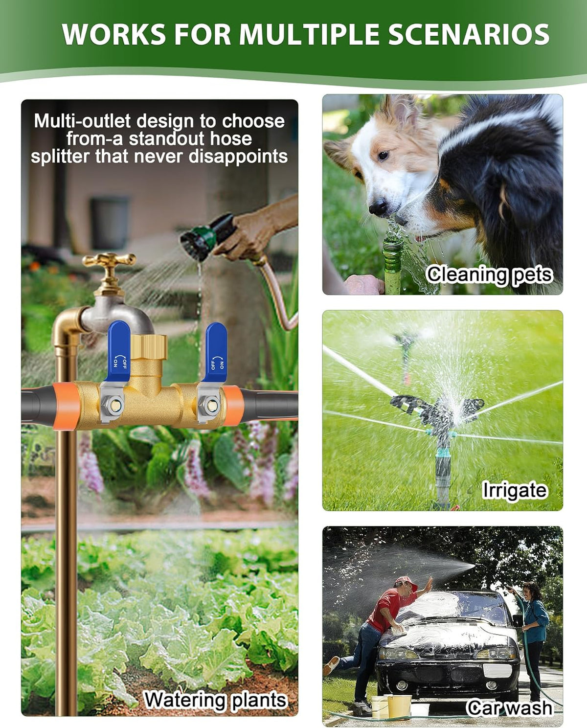 Hose Splitter 2 Way, Heavy Duty Brass Garden Hose Splitter, Water Hose Bib Spigot Splitter with 0.59" Full Flow Ball Valve Outlet & Shut-Off Valve 3/4'' Connector Outdoor Water Faucet Adapter