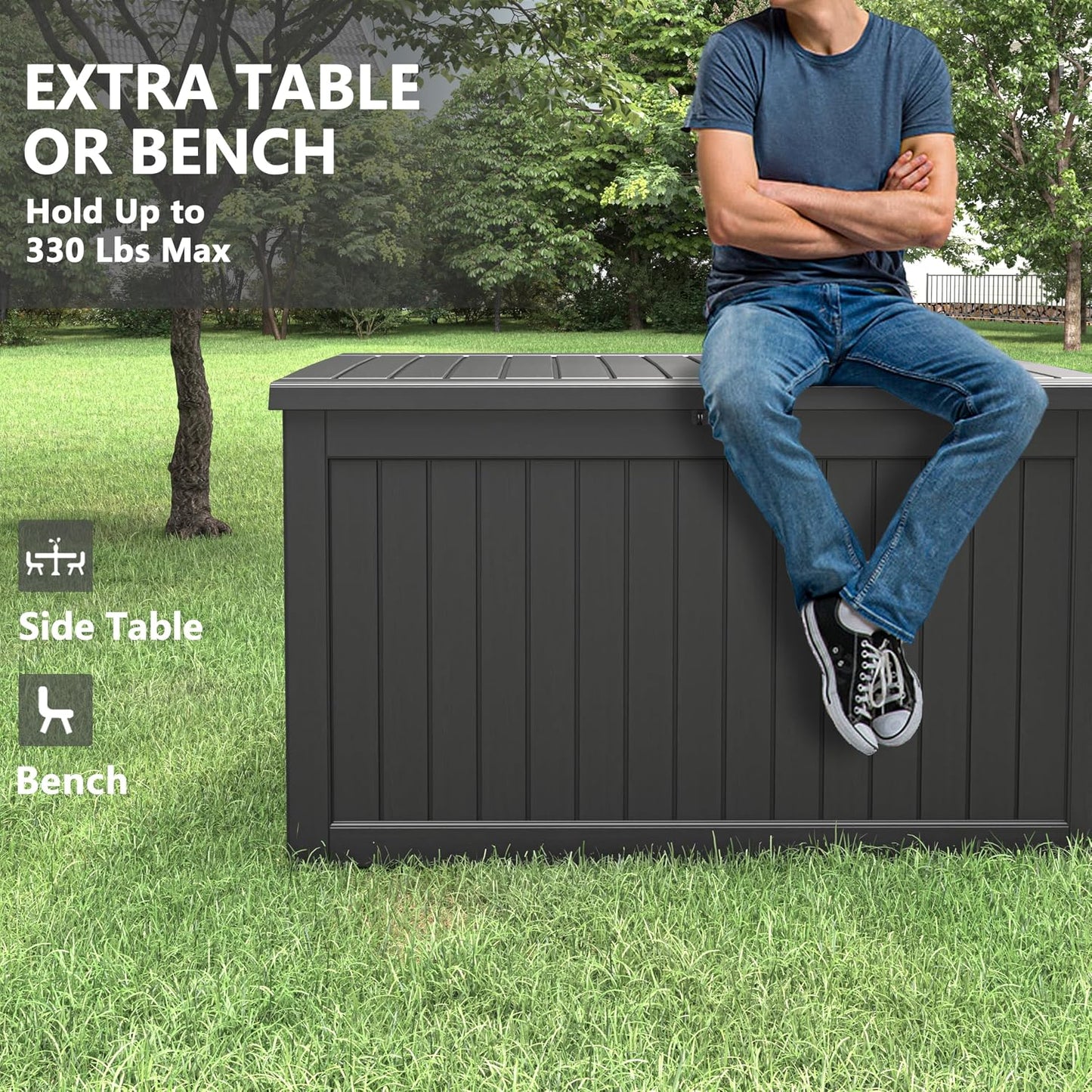 KAMABOKO 31 Gallon Outdoor Storage Box, Resin Deck Boxes Indoor and outdoor, Waterproof Storage Box Lockable Lid for Garden Tools, Package Delivery, Pool Supplies, Patio Cushions, Black