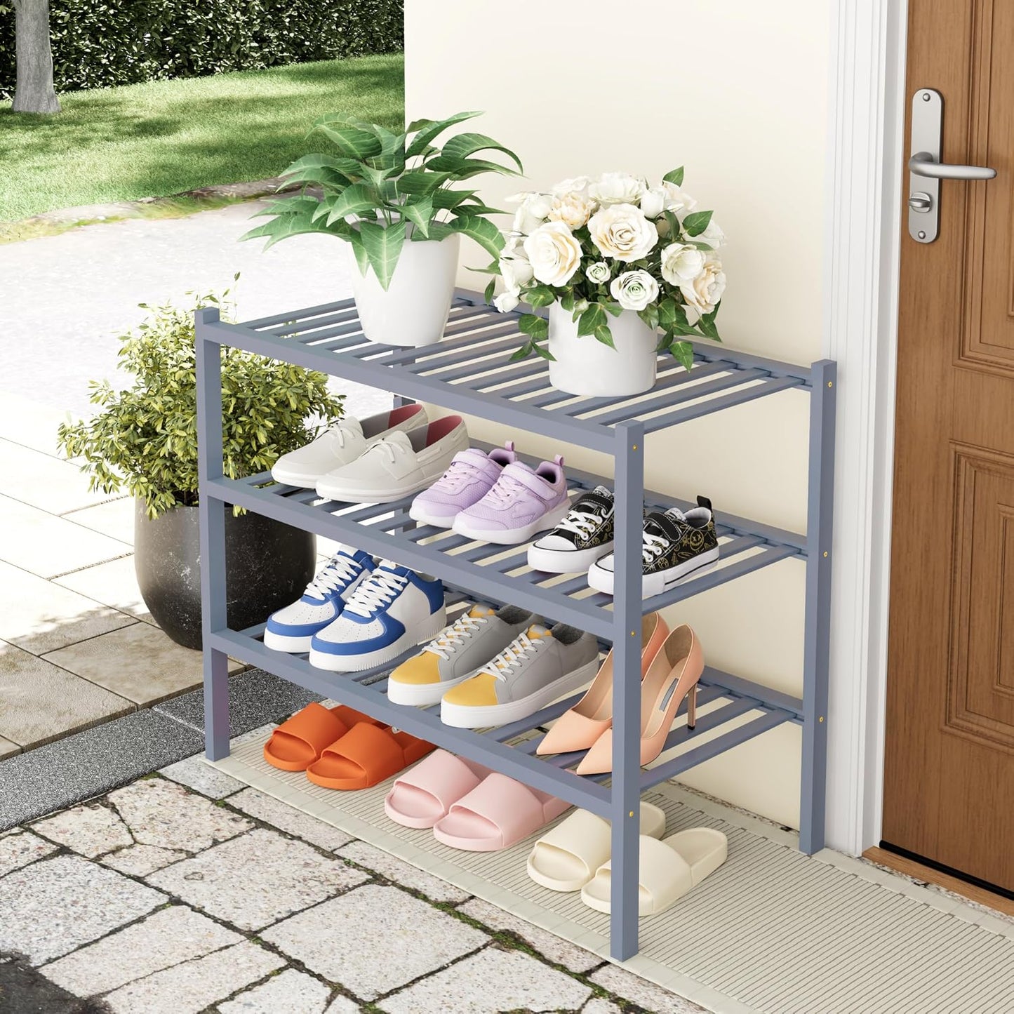 Smiry Bamboo Shoe Rack, 3 Tier Free Standing Wooden Shoe Organizer, Stackable Wood Shoe Storage Shelf for Closet, Entryway, 12 Vertical Slats, 2+1 Stack Standard Legs, 26.8"x11"x19.5", Natural