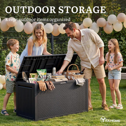 YITAHOME 100 Gallon Large Outdoor Deck Box | Waterproof Resin Storage Box, Lockable Indoor Outdoor Storage Container for Patio Furniture Cushions, Pool Accessories