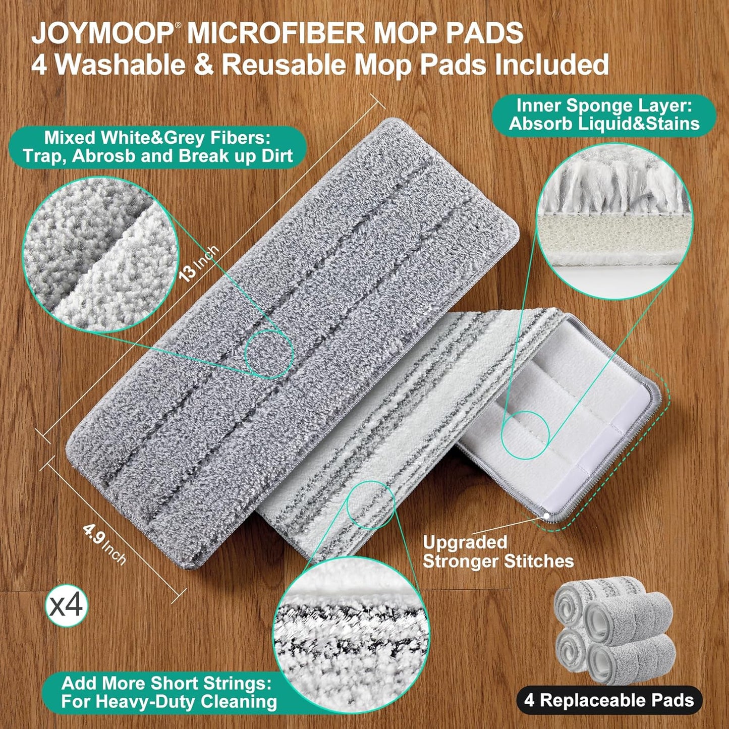 JOYMOOP Mop and Bucket Set, Flat Mops for Floor & Wall Cleaning, Commercial & Household Use, Hardwood Floor Mop with Long Handle & 4 Microfiber Pads