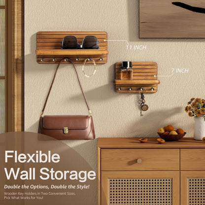 Rebee Vision Farmhouse Key Holder Wall Mount for Home Decor – Decorative Pine Wooden Key Holder for Wall with 6 Hooks & Floating Shelf - Rustic Charm for Room Decor Aesthetic (Brown)