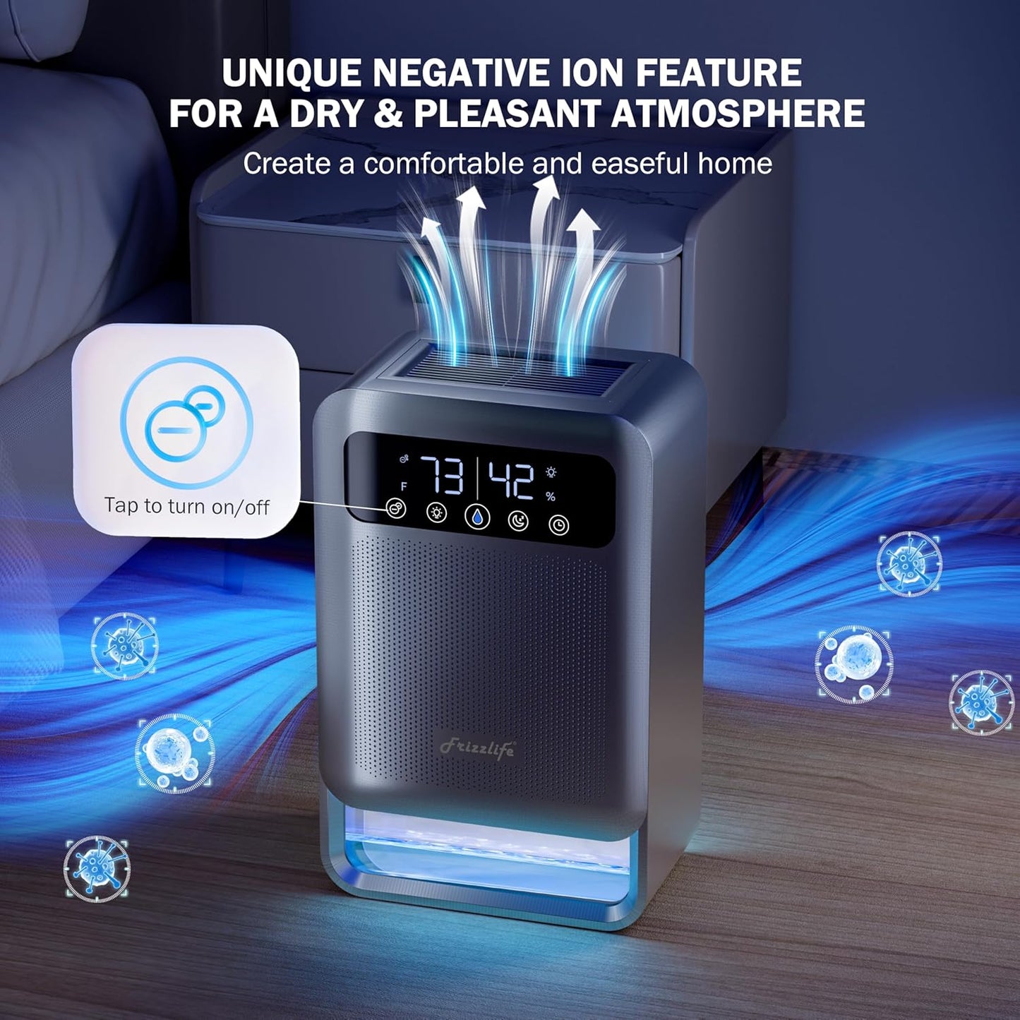 Frizzlife DH80 Air Dehumidifier, 135oz Water Tank W/Purifying Function, Quiet Small Dehumidifiers With Sleep Mode For Home, Bedroom, Bathroom, Basement W/Auto Shut Off, 7 Colors LED Light, White