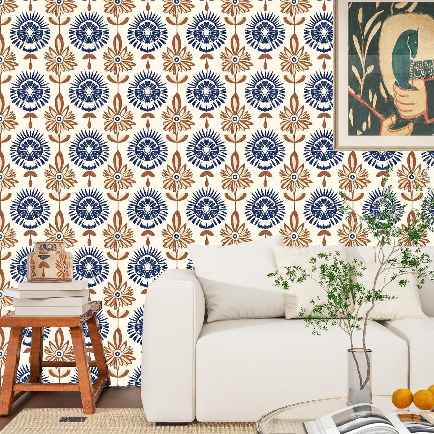 BOKEBEVE Leaves Contact Paper Floral Wallpaper Stick and Peel Boho Damask Wall Paper for Liner Drawer Cabinet Backsplash Renter Friendly Waterproof 17.5 x 118In