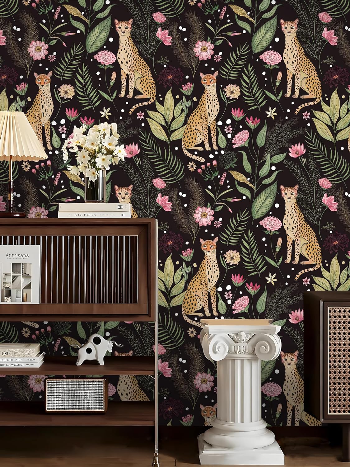 Floralplus Peel and Stick Wallpaper Leopard Jungle Removable Wallpaper for Bathroom Renter Friendly Wallpapers Self Adhesive Animal Floral Contact Paper for Accent Wall 17.5 x 118 in