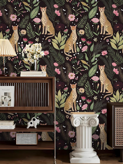 Floralplus Peel and Stick Wallpaper Leopard Jungle Removable Wallpaper for Bathroom Renter Friendly Wallpapers Self Adhesive Animal Floral Contact Paper for Accent Wall 17.5 x 118 in