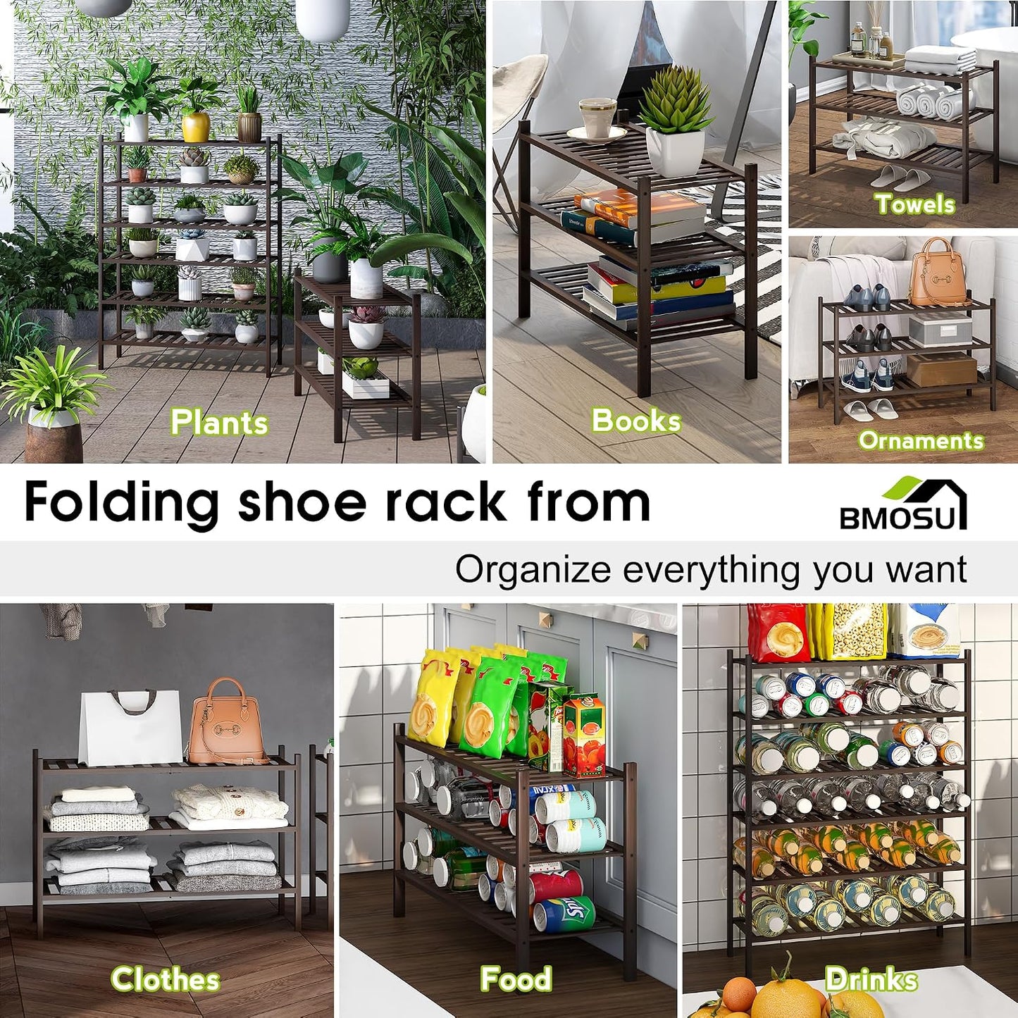 BMOSU 2-Tier Bamboo Small Shoe Rack Premium Stackable Shoe Shelf Storage Organizer for Hallway Closet Living Room Entryway Organizer (Black Bamboo)