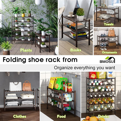 BMOSU 2-Tier Bamboo Small Shoe Rack Premium Stackable Shoe Shelf Storage Organizer for Hallway Closet Living Room Entryway Organizer (Black Bamboo)