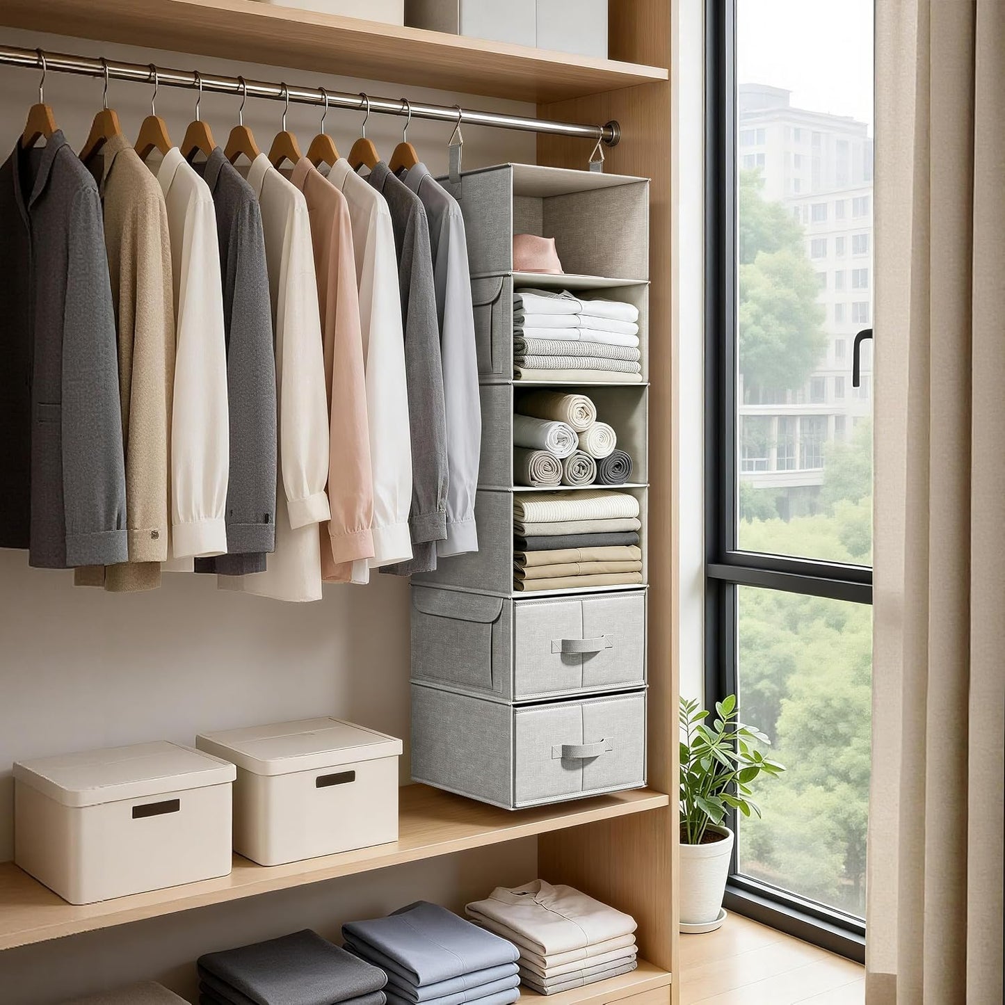 Vailando 6-Shelf Hanging Closet Organizer with 3 Drawers, 2 Separable 3-Shelf Closet Organizers and Storage for Wardrobe Organization, Hanging Dresser for Nursury & Dorm Clothes Organizer