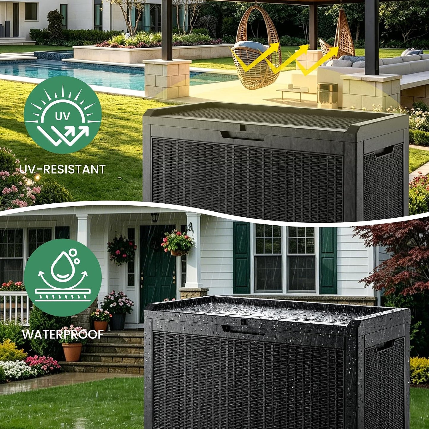 100 Gallon Storage Box, Waterproof Resin Deck Box with Hydraulic Piston Design, Lockable Storage Bench for Package Delivery, Storage Bin for Patio Cushions, Garden Tools, Black