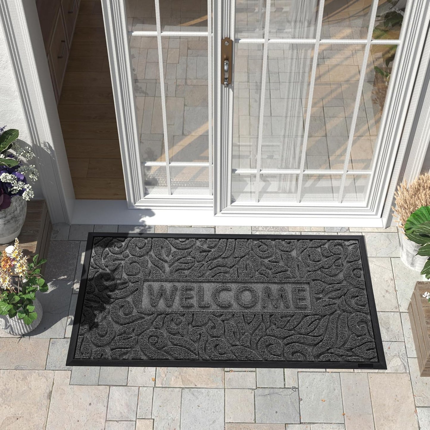 Yimobra Welcome Mat Outdoor 29.5x17, Waterproof Non-Slip Outdoor Mats for Front Door Outside Entrance, Low-Profile Entryway Mat Indoor for Garage Patio, Black