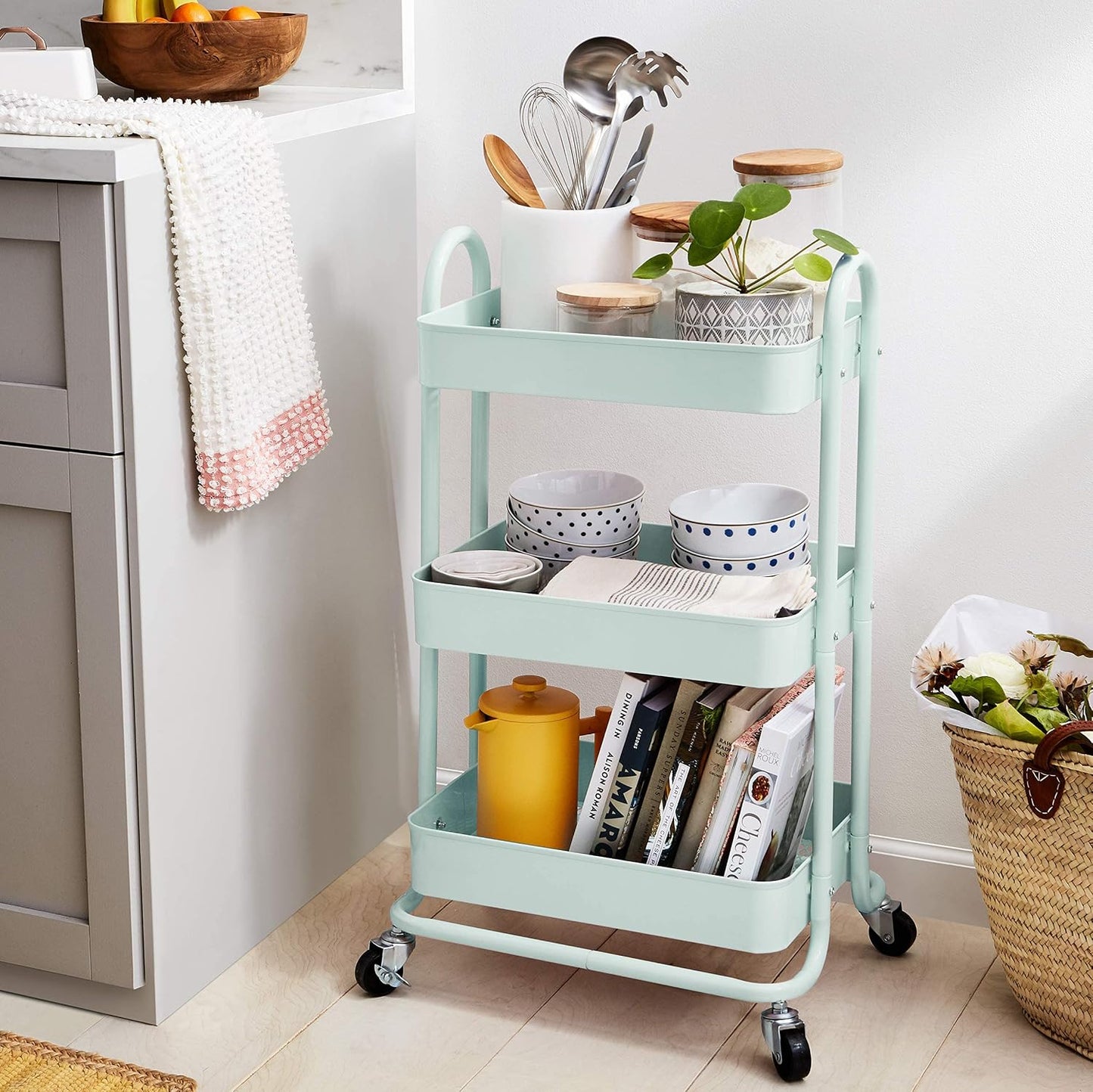 Amazon Basics 3-Tier Rolling Utility Cart, Storage Organizer, Lockable Wheels, Multifunctional Storage, Portable Mobile Shelving Unit, White