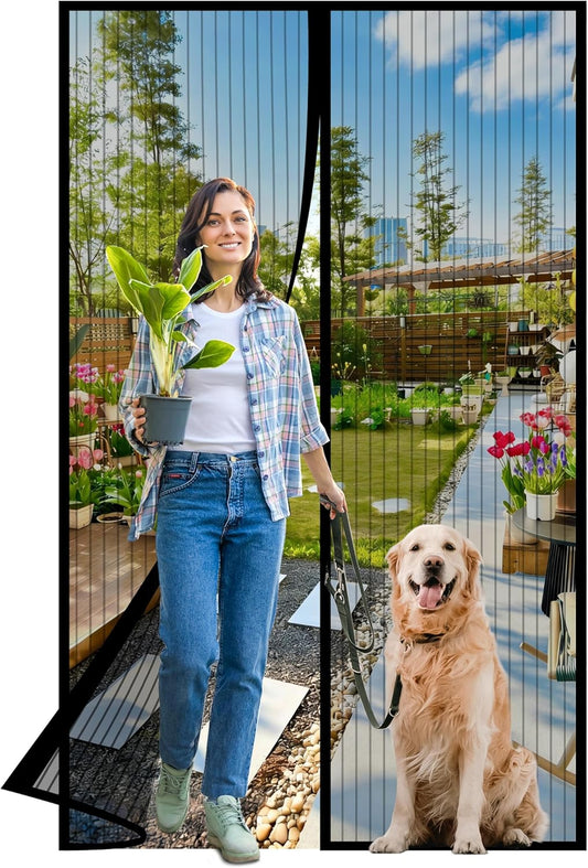 Magnetic Screen Door -Fit Door Size 36.0 x 80.0'' Retractable Screen Door Mesh for Front Door or Sliding Door, Pet & Kid Friendly, Hands-Free Closure Keeps Bugs Out & Lets Breeze in, Stripe Black
