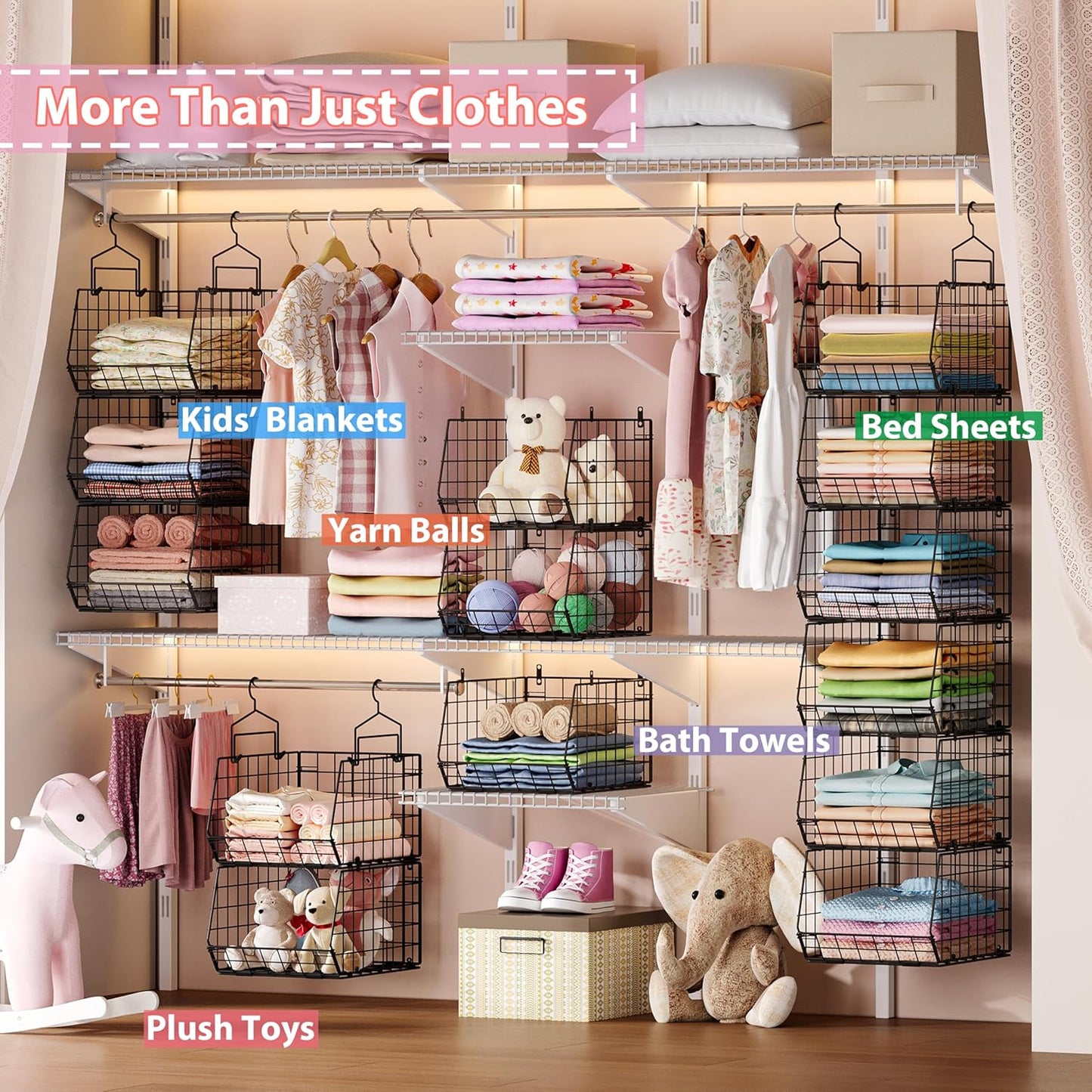8-Tier Extended Depth Hanging Closet Organizers and Storage for Closet System, Stackable Closet Shelves with 4 Adjustable Dividers for Clothes Sweaters Purses, Wire Hanging Basket Fits Closet Laundry