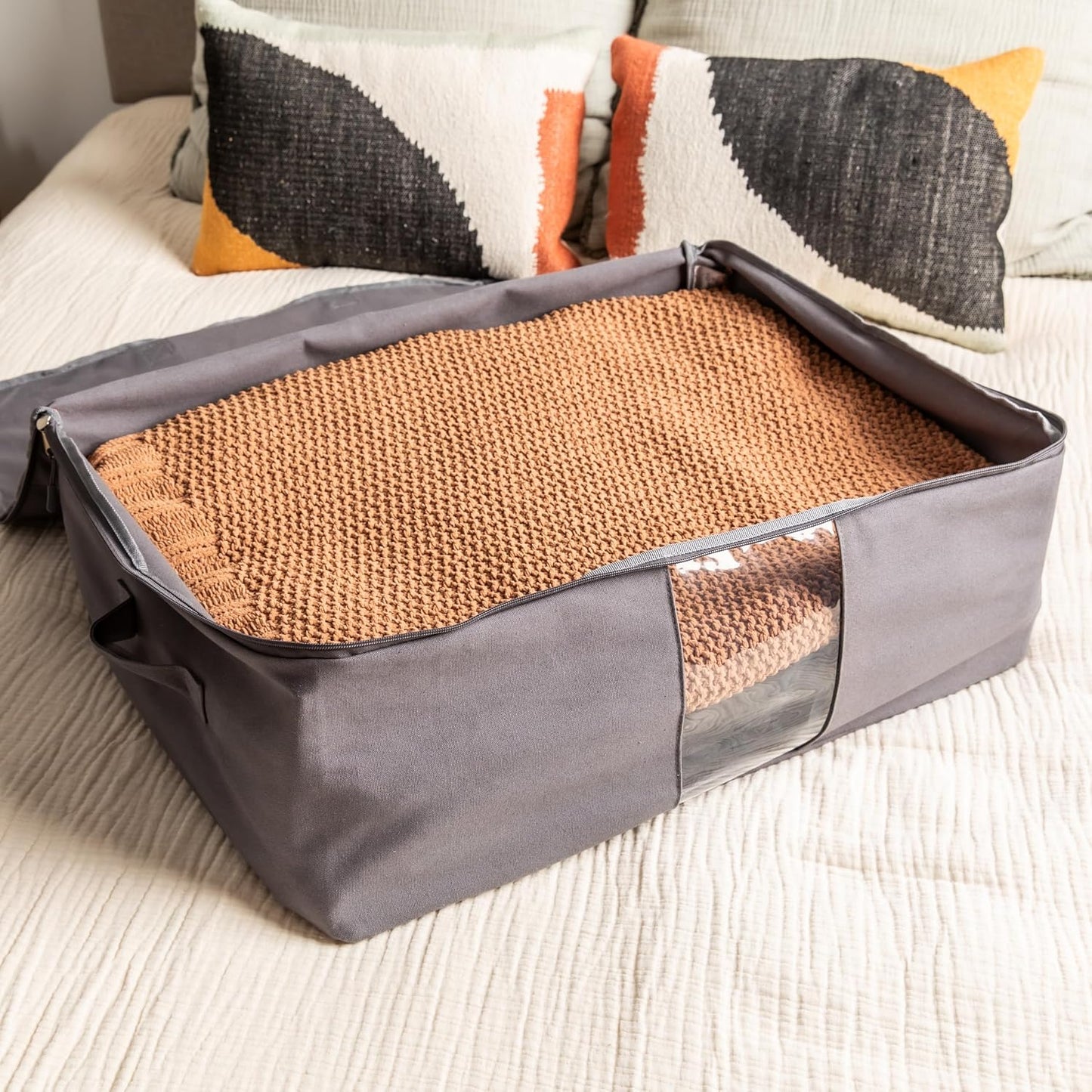 Soft Canvas Storage Bags with Zipper. Thick Breathable, 1pc King/Queen Comforter Organizer. Four Carrying Handles and Window. Large 25x19x9in Bag for Sheets Blankets Bedding Pillows, Clothes (Grey)