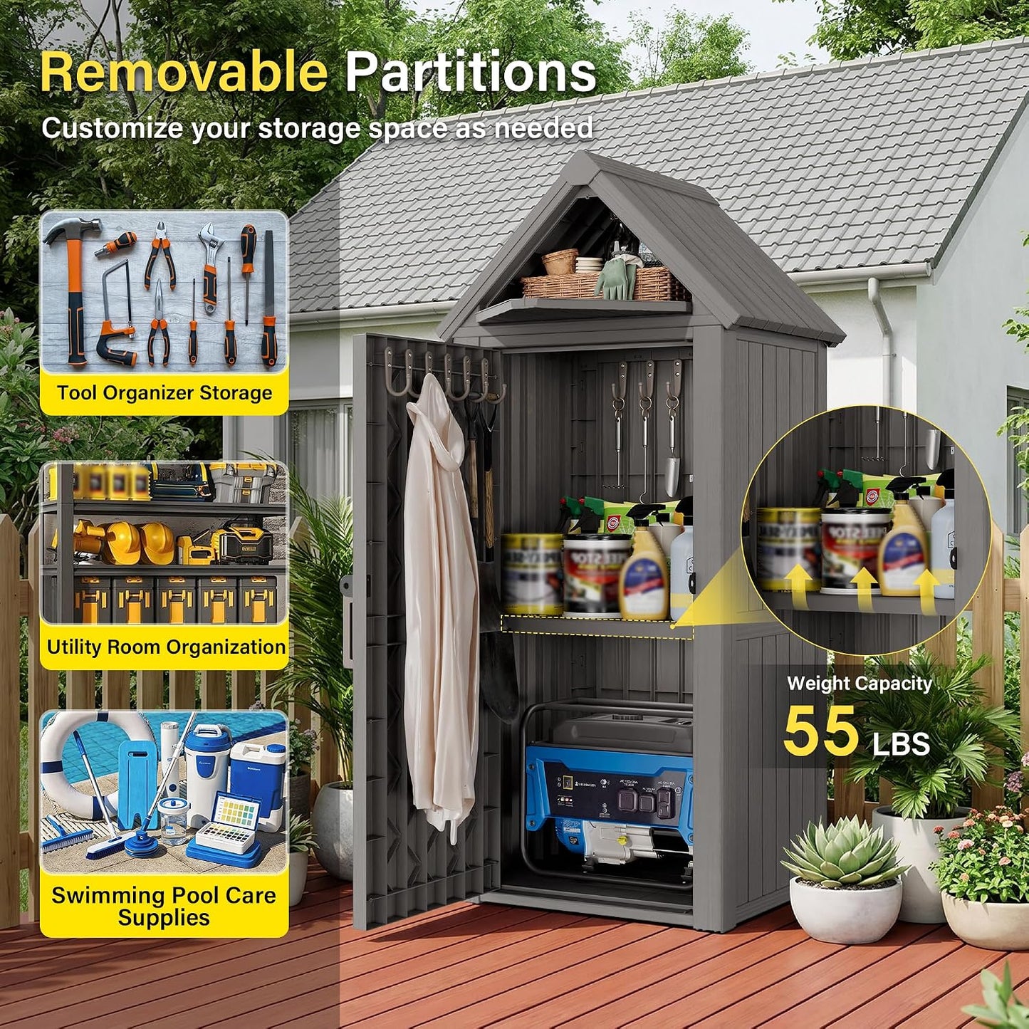 Bifanuo Deck Box Storage Shed Outdoor Storage Cabinet, Vertical Waterproof Resin Material Plastic Shed with Removable Shelves, 12 Hooks and Lock Ring for Garden, Pool and Patio (Classic Black)