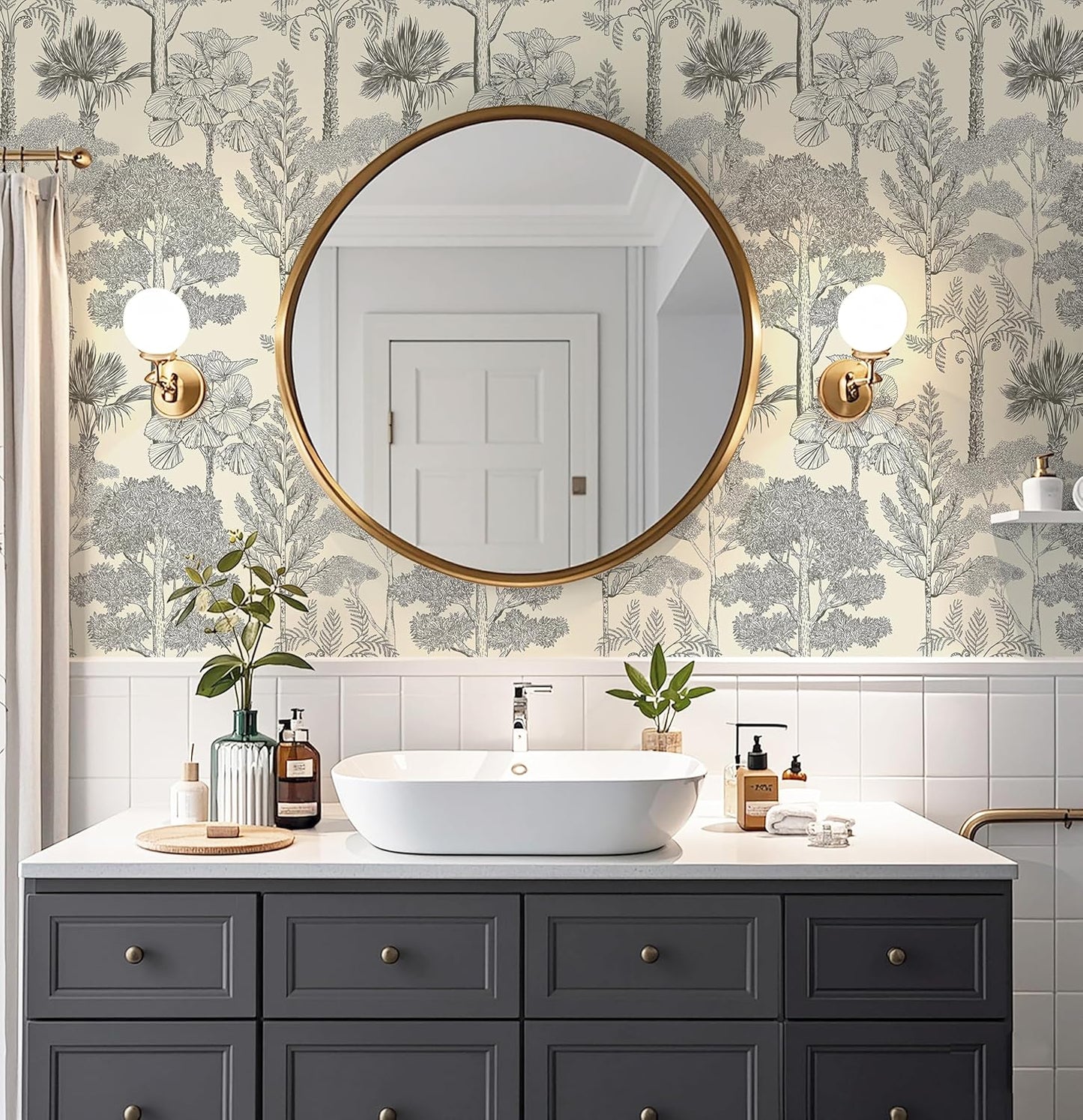 Safiyya Peel and Stick Wallpaper Beige Forest Contact Paper 17.3" x 118" Vintage Tree Wall Paper Renter Friendly Self Adhesive Removable Wallpaper for Bathroom Vinyl Off-White