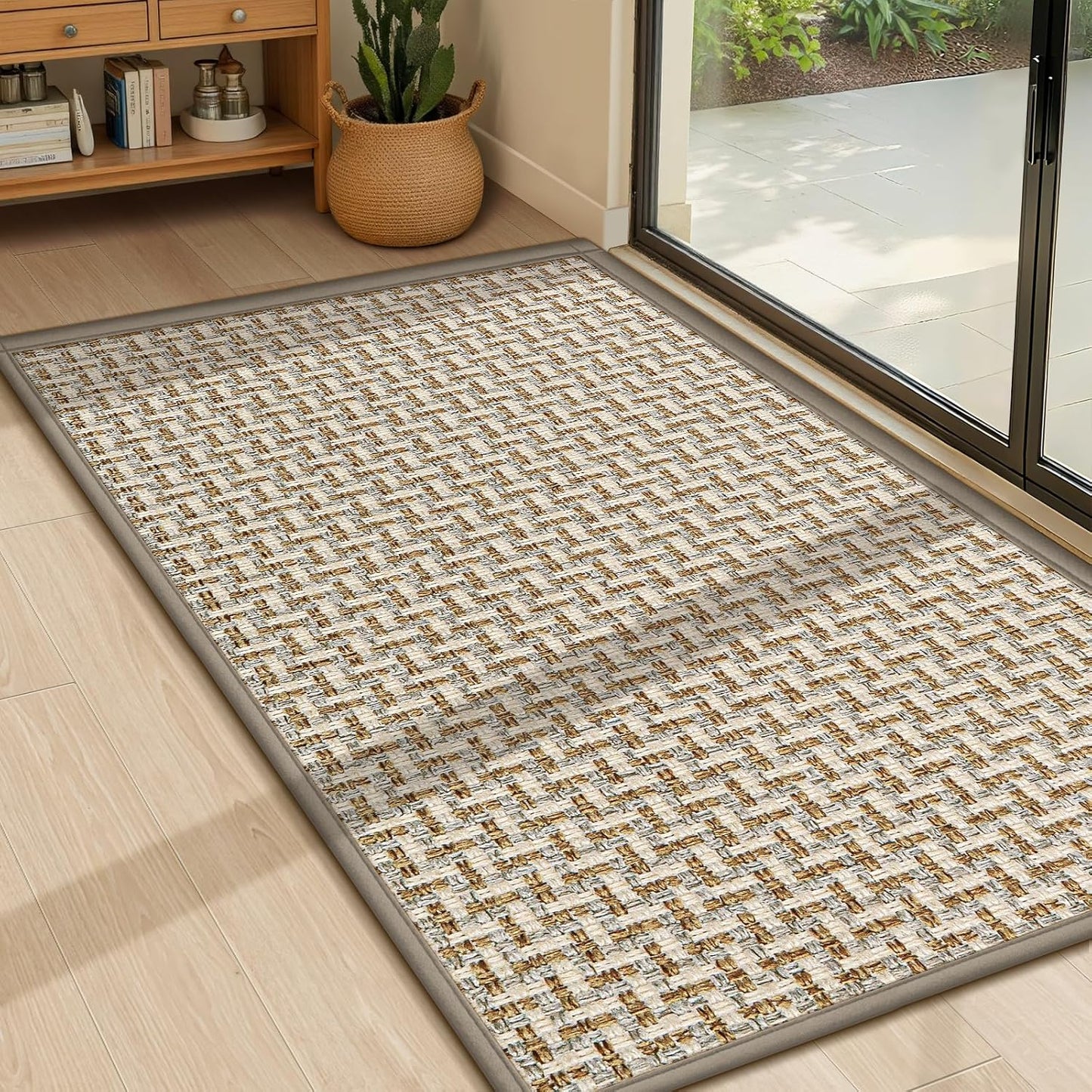 LEKEEPGO Ultra Thin Indoor Door Mat 17"x29", Low-Profile Door Mat Indoor Entrance, Non Slip Rubber Backing Inside Doormat Washable Welcome Front Entryway Dirt Trapper Entry Mat, Khaki