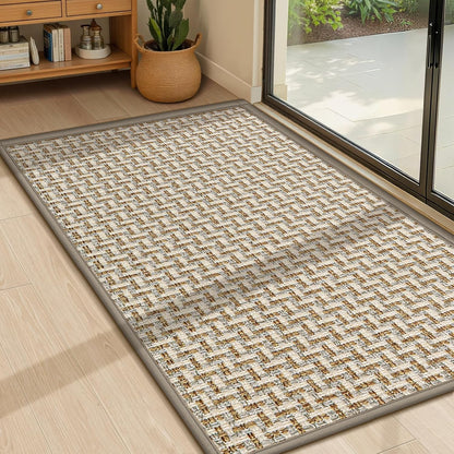 LEKEEPGO Ultra Thin Indoor Door Mat 17"x29", Low-Profile Door Mat Indoor Entrance, Non Slip Rubber Backing Inside Doormat Washable Welcome Front Entryway Dirt Trapper Entry Mat, Khaki