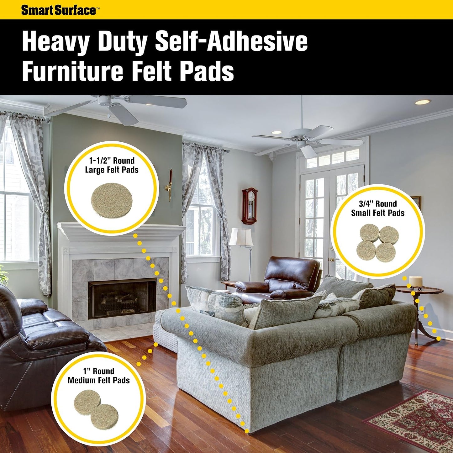 Smart Surface 8850 Heavy Duty Self Adhesive Furniture Felt Pads 3/4-Inch, 1-Inch & 1-1/2-Inch Round Oatmeal 144-Piece Value Variety Pack in Resealable Bag
