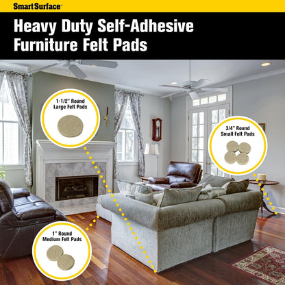 Smart Surface 8850 Heavy Duty Self Adhesive Furniture Felt Pads 3/4-Inch, 1-Inch & 1-1/2-Inch Round Oatmeal 144-Piece Value Variety Pack in Resealable Bag